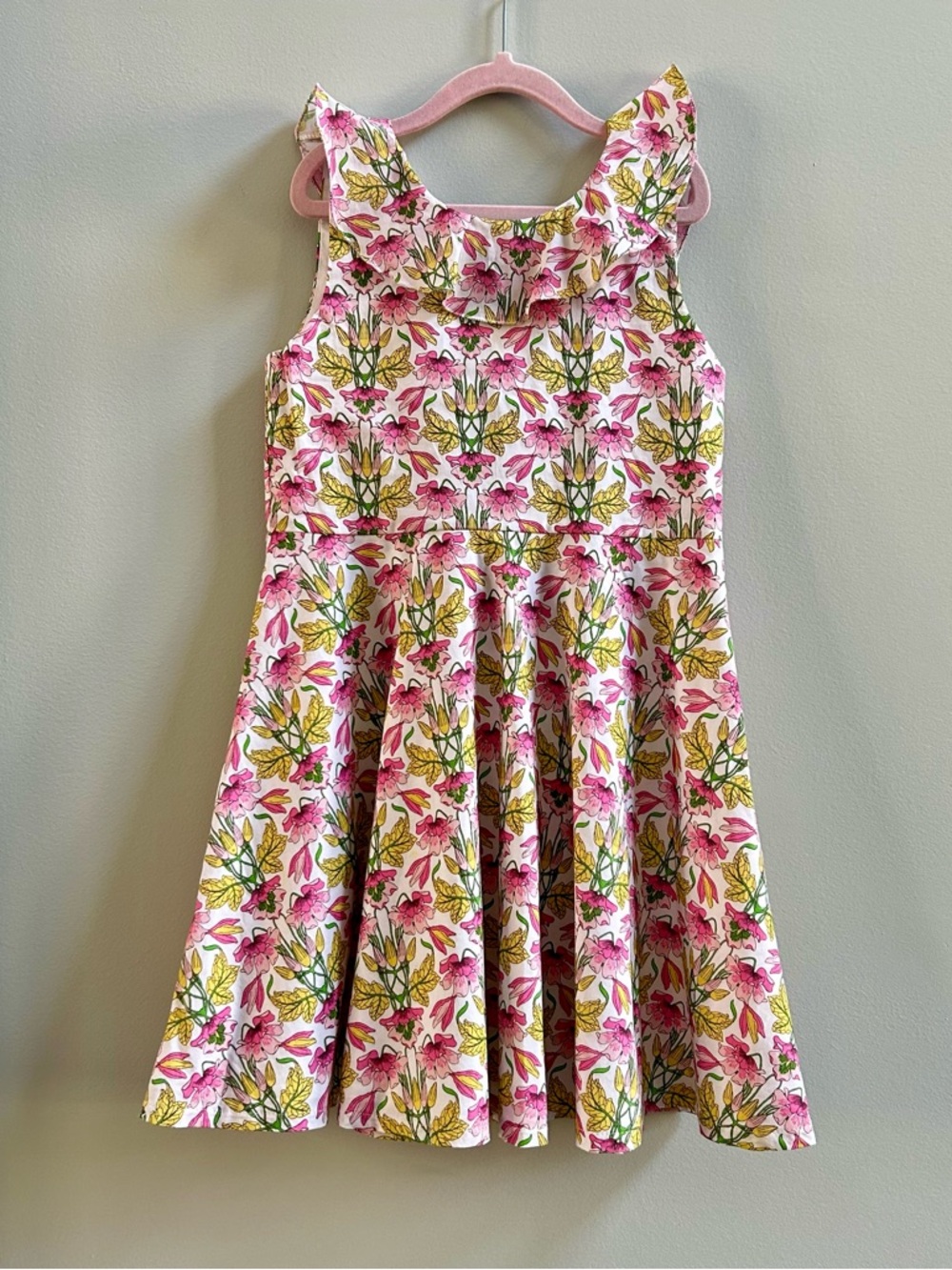 Bella Bliss Girls Pink Floral Ruffle Neck Summer Dress, Size 8 EUC